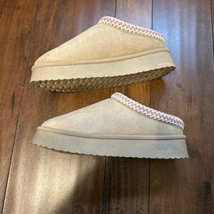 Haute Hippie Tan Suede Mule Booties with Pink & Cream Trim